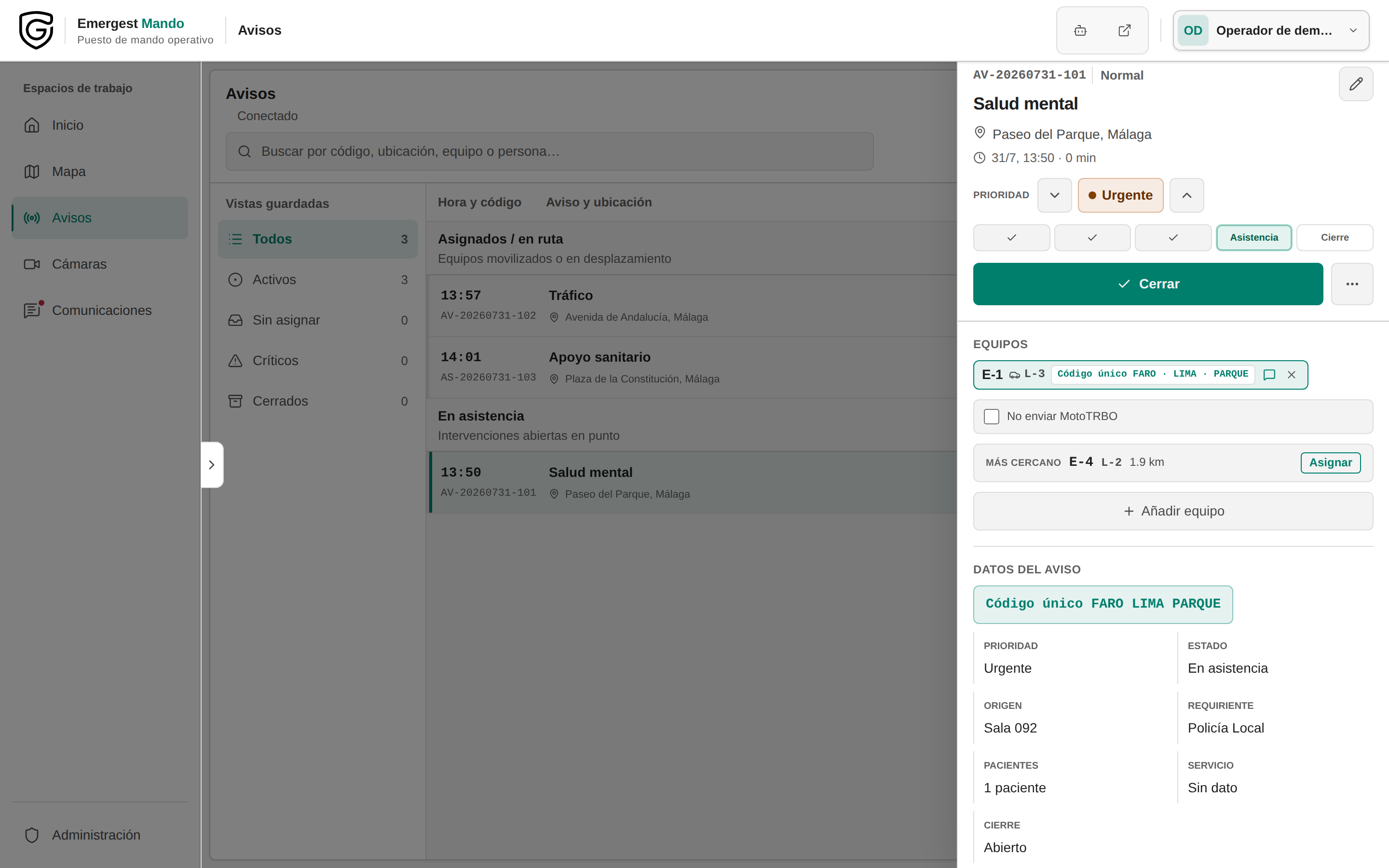 Detalle de un aviso en Emergest Mando con prioridad, equipo y código único