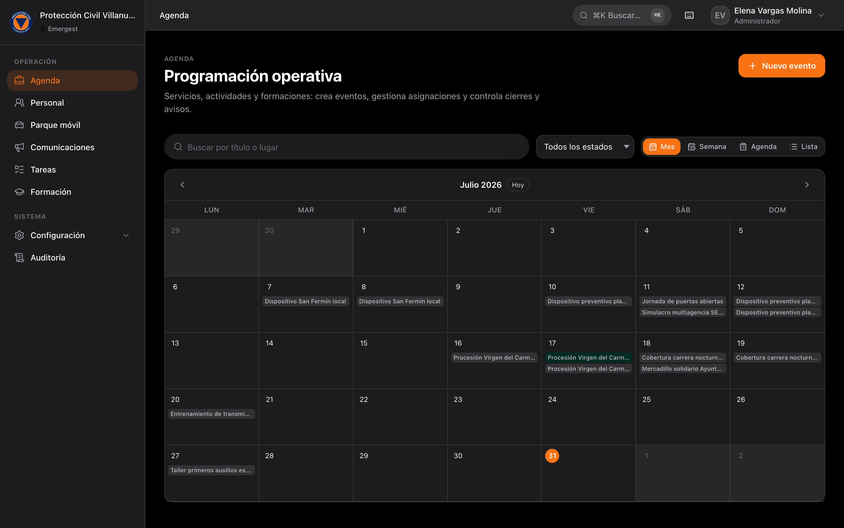 Calendario de servicios de Emergest Gestión