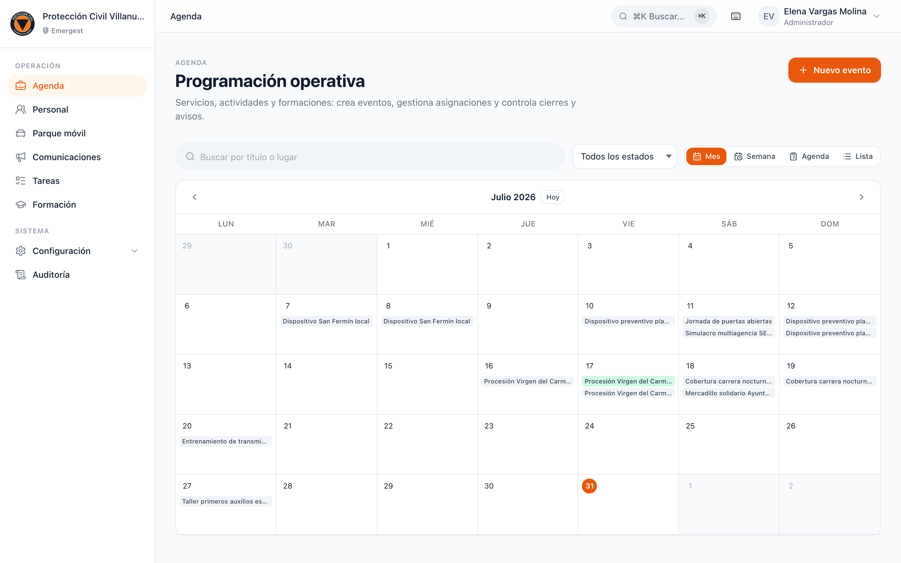 Calendario de servicios de Emergest Gestión